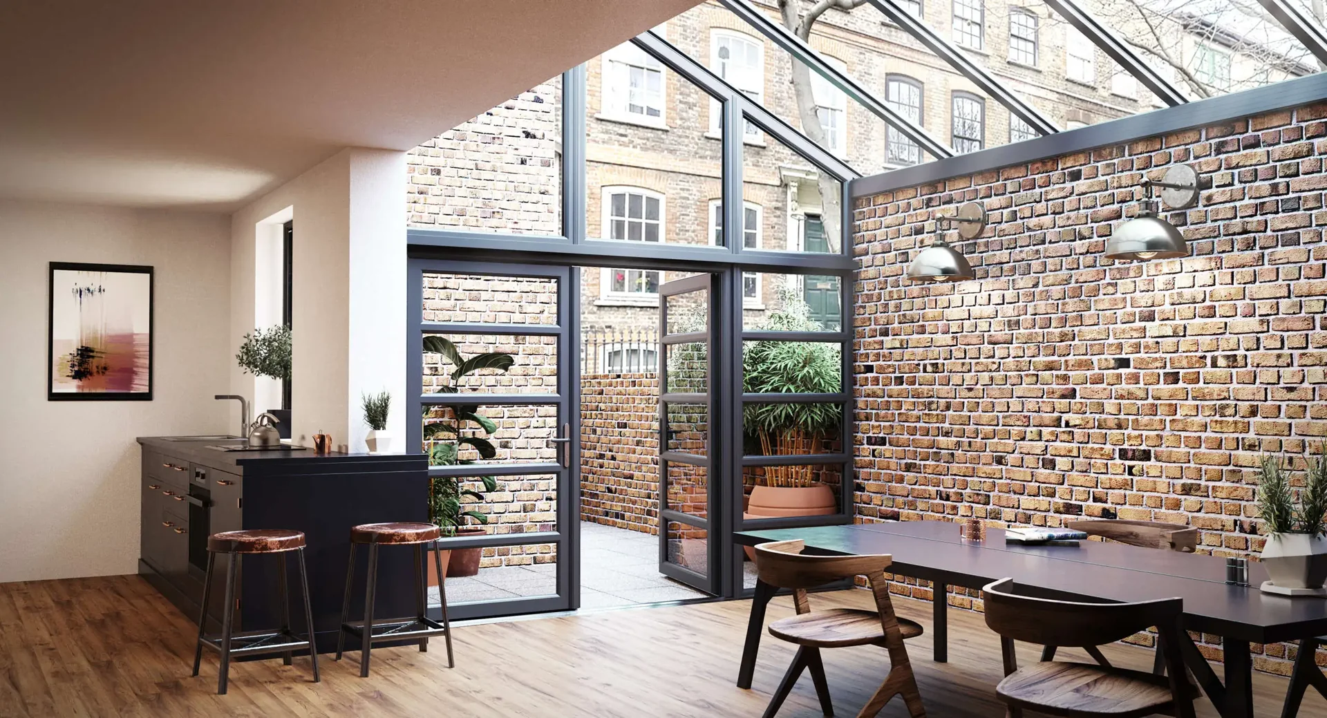 Glazed conservatory roof and full-height windows beside an exposed brick wall