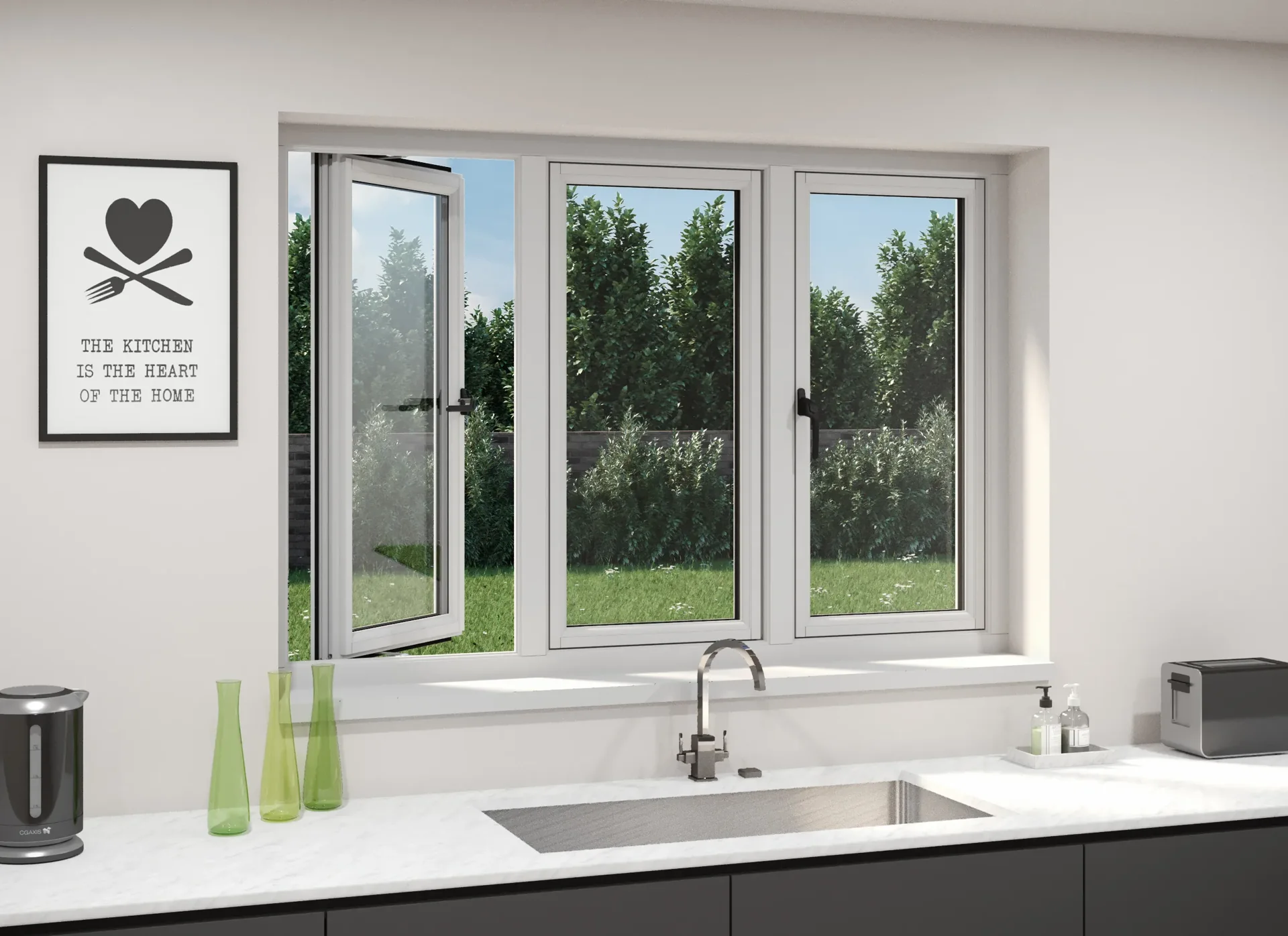 White framed casement window above a kitchen sink with a garden view